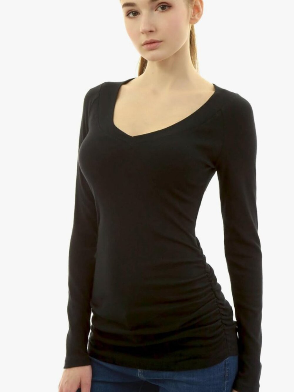 Amelie Boutik Women's Medium Black V-Neck Long Sleeve Side Ruching Shirt